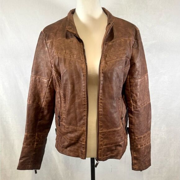 J2 by JouJou garment dyed brown faux leather moto jacket size XL - Picture 1 of 7